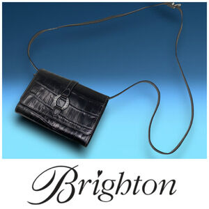 Brighton Black Reptile Embossed Leather Checkbook Wallet + Crossbody Strap